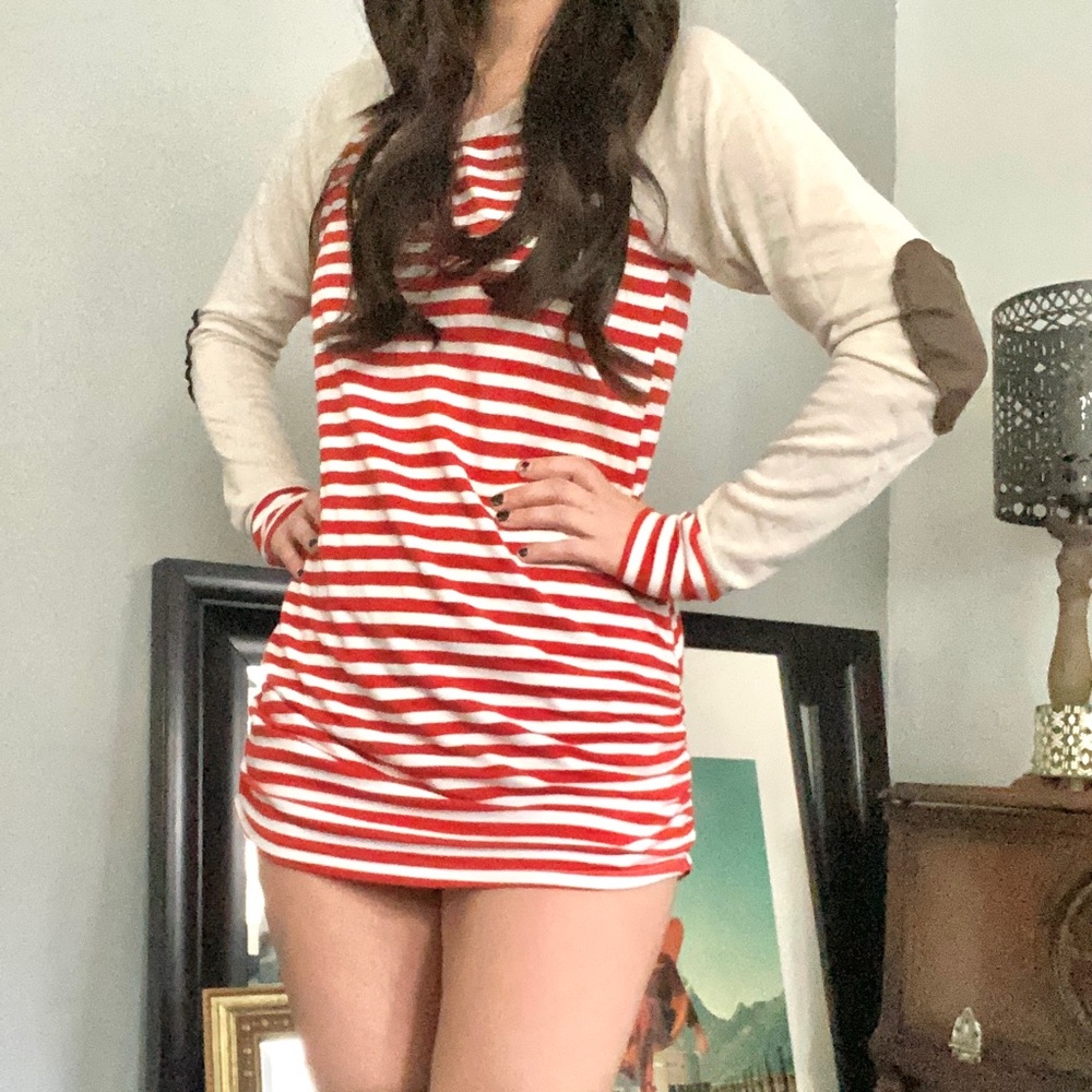 TWENTY SECOND Cream & Red Striped Long Sleeve Baseball Tee Shirt Elbow Patches